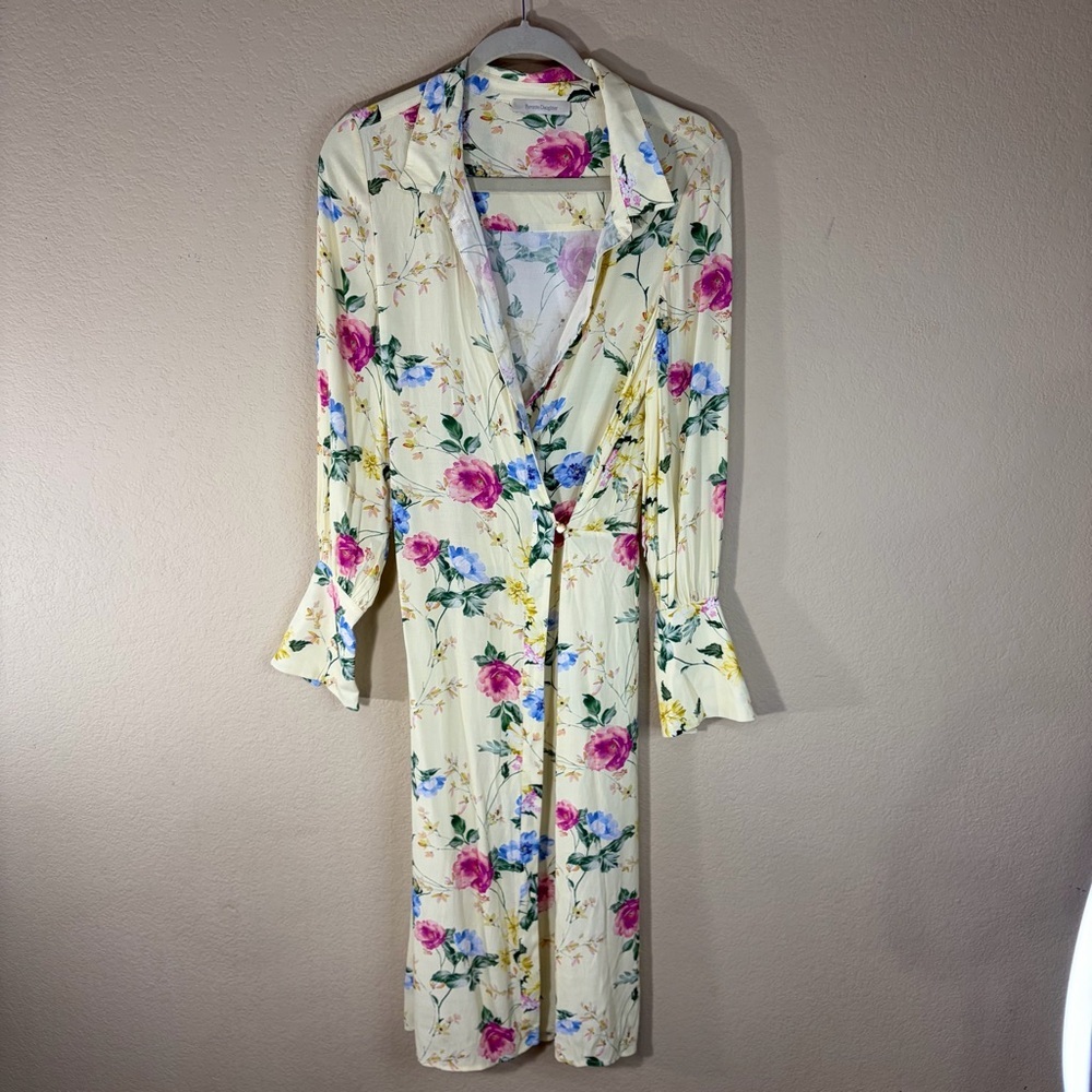 Favorite Daughter Blue and Pink Floral Yellow Midi Dress 16” Pit to pit Wedding